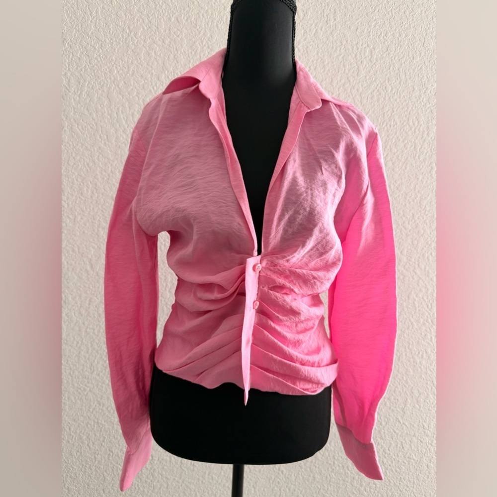 ZARA Barbie Pink Button-Down Shirt | Ruched Waist Detail